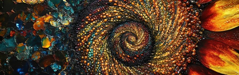 Poster - Close-up view of sunflower head showcasing intricate patterns and textures in vibrant colors