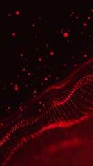 Poster - Red glowing circles particles wave at the bottom right and flying in the air on a dark abstract background, bokeh effect, vertical composition. Loop animation footage for graphic design.