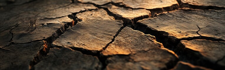 Poster - Cracked wood surface capturing natural textures and patterns under warm light