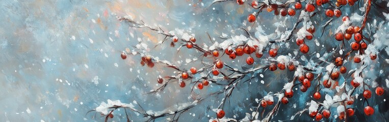 Poster - Winter berries cling to branches adorned with delicate snowflakes in a serene landscape