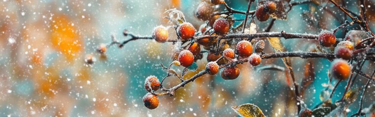 Poster - Winter berries covered in snow create a serene landscape during a cold day in the forest