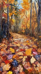 Poster - Vibrant autumn leaves blanket a scenic forest path in an explosion of colors during fall foliage season