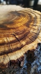 Poster - Close-up view of a freshly cut tree stump showcasing rich wood grain and texture in natural light