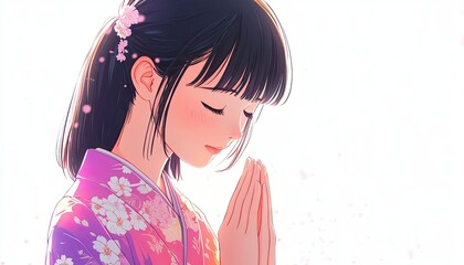 Wall Mural - A cute Japanese girl is praying, against a white background, in an anime style, with a pink and purple color scheme