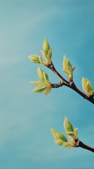 Poster - Spring buds begin to bloom on a tree branch against a clear blue sky