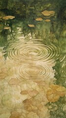 Aufkleber - Raindrops creating ripples on calm water surrounded by lily pads in peaceful natural setting