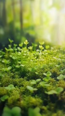Aufkleber - Close-up of vibrant spring moss displaying tiny buds in a lush forest environment during the early morning light