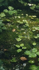 Poster - Close-up view of rain-soaked moss adorned with droplets in a lush forest