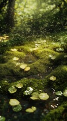 Poster - Close-up view of vibrant moss on a rain-soaked forest floor reflecting soft sunlight