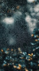 Poster - Intricate spiderweb glistens with raindrops in a forest setting during early morning