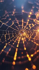 Poster - Close-up of a stunning spider web adorned with glistening dewdrops capturing early morning light in a serene natural setting