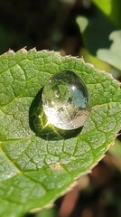 Poster - Close-up view of a crystal-clear droplet resting on a vibrant green leaf in natural sunlight