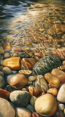 Poster - Flowing water gently caresses smooth pebbles under soft sunlight in a serene natural setting