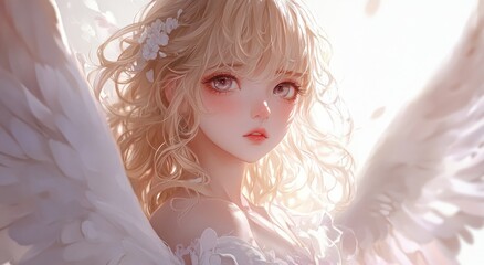 Wall Mural - Cute anime girl with light, curly hair and angel wings, soft pastel colors, white background