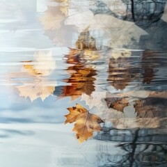 Aufkleber - Beautiful double exposure of shimmering water combined with autumn leaves reflecting nature's harmony