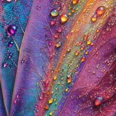 Aufkleber - Close-up view of vibrant morning dew droplets on green leaves reflecting sunlight and colors