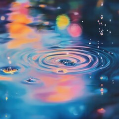 Poster - Close-up of rain droplets creating ripples on a colorful water surface at dusk