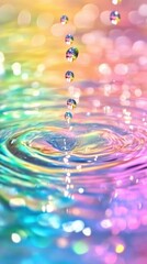 Poster - Close-up of colorful rain droplets creating ripples on a vibrant water surface at dusk