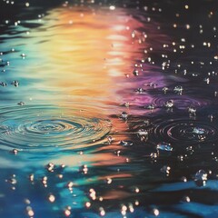 Aufkleber - Close-up of rain droplets creating ripples on the surface of water with colorful reflections