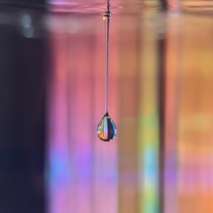 Aufkleber - Close-up of a vibrant droplet suspended above a reflective surface creating a colorful display of light