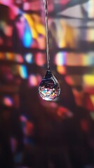 Leinwandbilder - close-up of a suspended water droplet reflecting vibrant colors in a blurred background during a ser