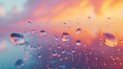 Poster - Water droplets suspended in mid-air reflecting vibrant colors during a sunset over a natural landscape