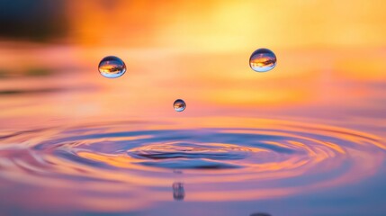Poster - Water droplets suspended in mid-air against a vibrant sunset backdrop creating mesmerizing ripples on a calm surface