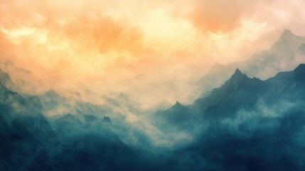 Poster - Swirling mist envelops majestic mountains at dawn in a serene landscape of muted colors and soft light
