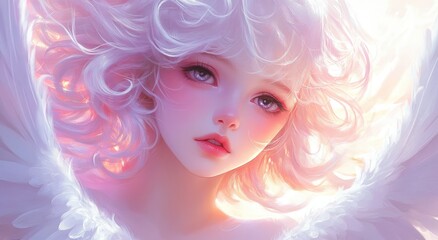 Beautiful anime girl with angel wings, light pink and white, soft lighting, white background