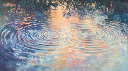Poster - Softly illuminated water surface with circular ripples reflecting the early morning light and surrounding foliage