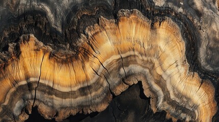 Poster - Cross-section of a tree trunk revealing intricate patterns and growth rings captured under natural light