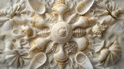Poster - Intricate geometric arrangement of seashells on a sandy surface showcasing natural patterns and textures