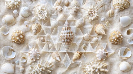 Poster - Geometric arrangement of seashells on soft sand creating a natural art piece