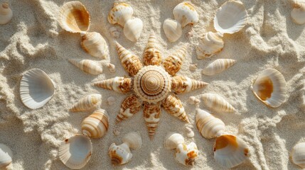 Poster - Geometric arrangement of seashells on sandy beach creating a natural art display