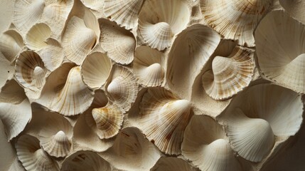 Poster - Geometric arrangement of seashells on a neutral background showcasing intricate natural patterns
