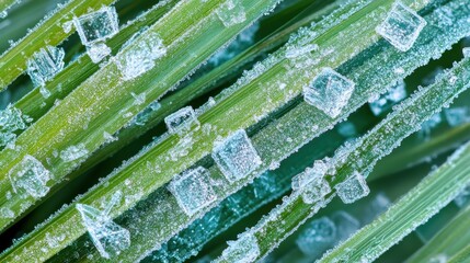 Fototapete - Frosted blades of grass sparkle in morning light during winter's chill in a serene landscape