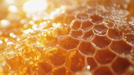 Aufkleber - Macro shot of honeycomb glistening with golden honey in a warm, natural setting during the afternoon light