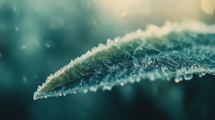 Poster - Frost delicately clings to the edge of a leaf during a cold winter morning