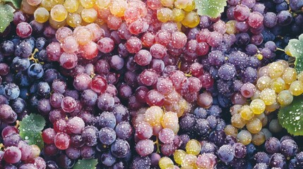 Poster - Close-up of dew-covered grape clusters showcasing vibrant colors in a lush vineyard during a fresh morning