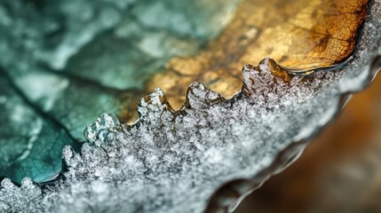 Poster - Frost delicately coating the edge of a winter leaf, showcasing nature's intricate beauty during cold months