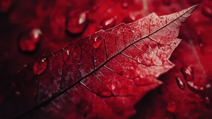 Poster - Close-up of a vibrant red autumn leaf adorned with dew drops in a tranquil natural setting