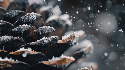 Poster - Macro view of a snow-covered pinecone with delicate snowflakes falling around it in a forest setting