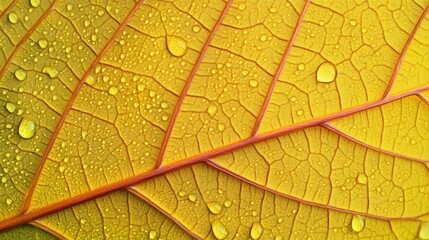 Poster - Macro shot of a vibrant leaf covered in raindrops capturing nature's intricate details and textures