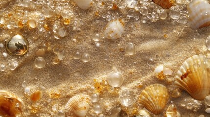 Poster - Macro view of summer beach with seashells and bubbles on golden sand