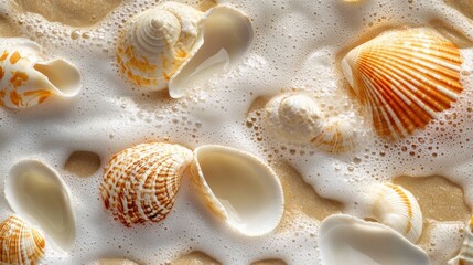 Poster - Beautiful macro view of seashells resting in foamy summer beach sand during a sunny day