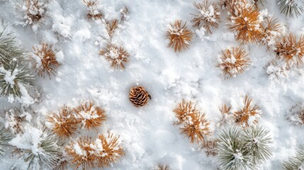 Poster - Snow-covered forest floor with golden pine needles and a pine cone surrounded by fresh snow in winter