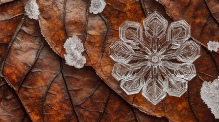 Fototapete - Snowflake delicately resting on autumn leaves showcasing intricate patterns and crystal structures under natural light