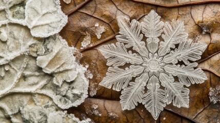 Fototapete - Macro detail of a unique snowflake resting on a textured autumn leaf