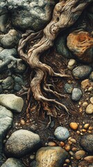 Poster - Intricate network of tree roots crawling over smooth rocks in a serene outdoor setting