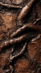 Poster - Intertwined tree roots create a striking pattern in rich brown soil under natural light in a forest setting